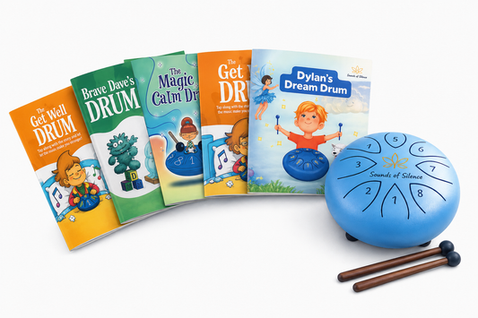 Children's steel tongue drums, each paired with its own illustrated musical storybook