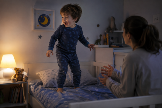 A young child lying awake at bedtime, having a hard time falling asleep