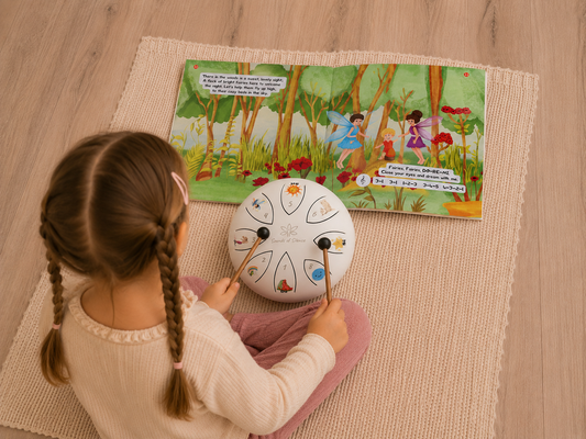 A young girl playing a Sound of Silence steel tongue drum alongside its illustrated musical storybook