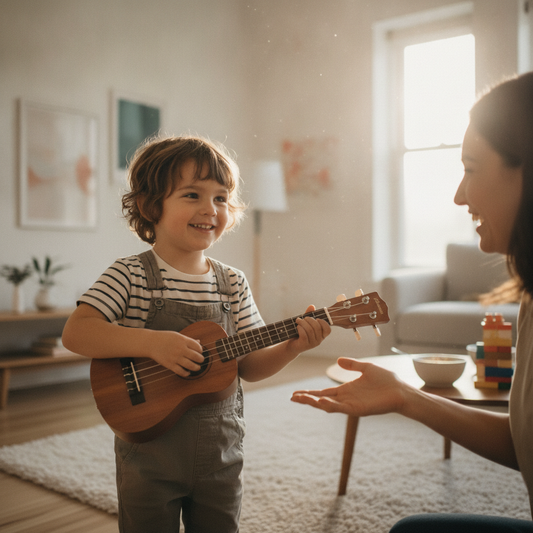 A happy young child playing a first musical instrument