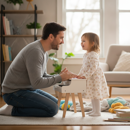 A father and his young daughter smiling together at a toy piano at home