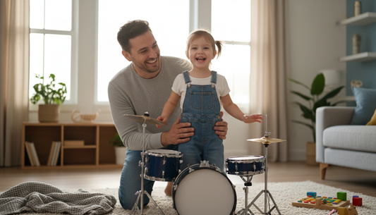 A father and his laughing young child playing a drum together at home
