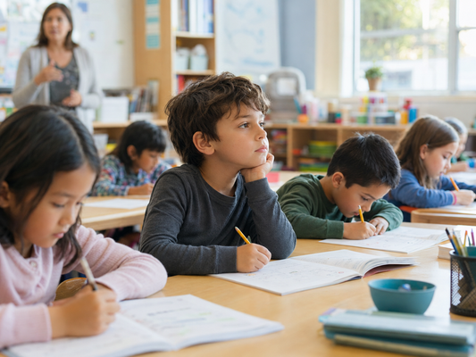 A young child paying attention in a classroom at the start of the school year