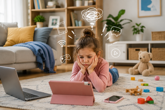 A young girl absorbed in screens, the everyday habit a screen-free gift gently offers a break from