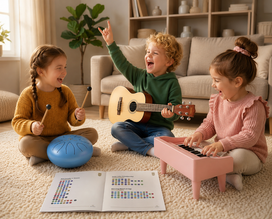 A group of happy young children playing musical instruments together