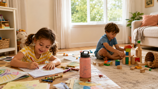 Two young children enjoying screen-free playtime, one drawing and one building with blocks