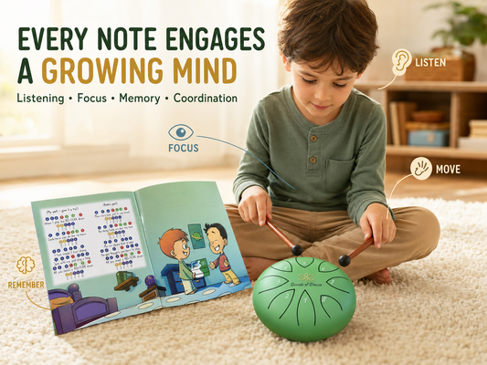 A child playing a steel tongue drum with a songbook, showing how every note engages a growing mind