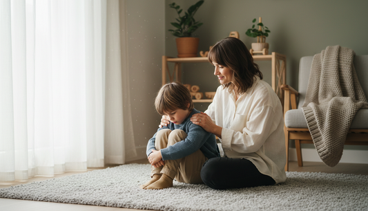 A parent gently comforting a sad or anxious young child at home