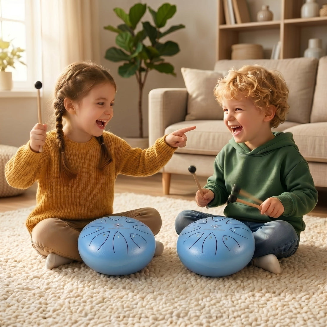 Two happy children playing numbered blue steel tongue drums together at home