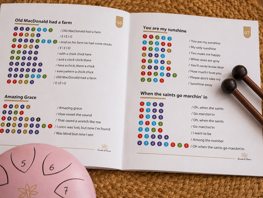 A close-up of a numbered tongue drum songbook, showing the simple numbers a child follows